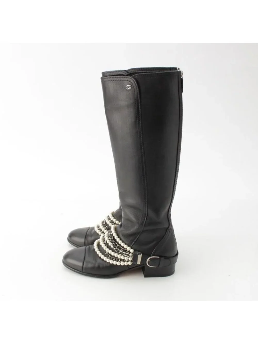 Chanel Pearl Chain Long Boots Black 38c - Picture 3 of 10